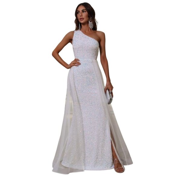 One-Shoulder Dress White Sequin Gown With Detachable Tulle Skirt Size 2 - Picture 1 of 14